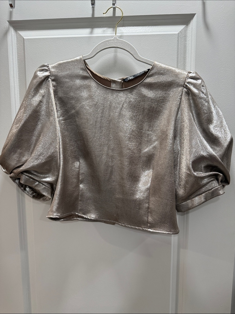 Zara Metallic Puff-Sleeve Crop Top - Silver